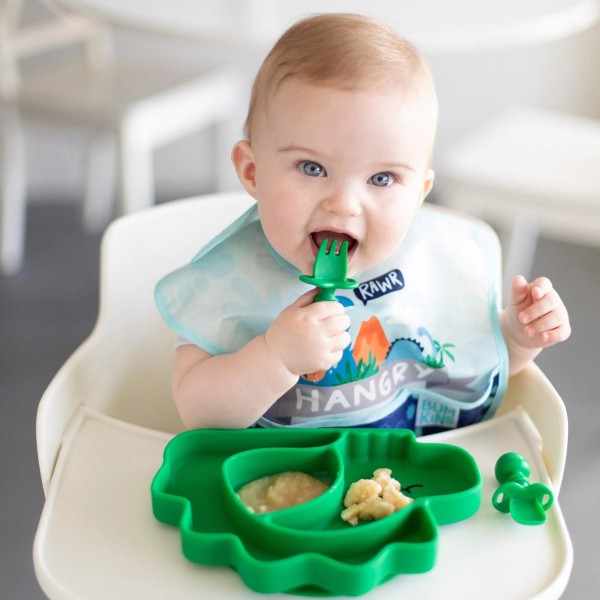 Silikonteller mit Fächer und Saugnapf - Grün Dinosaurier