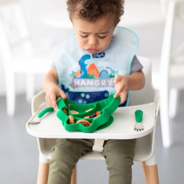 Silikonteller mit Fächer und Saugnapf - Grün Dinosaurier