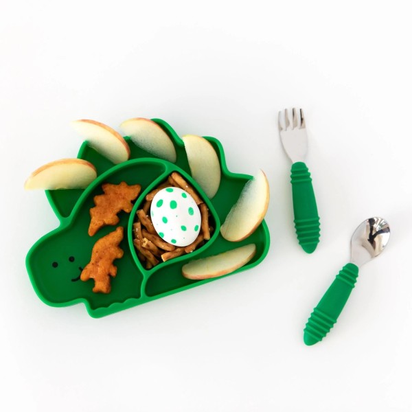 Silikonteller mit Fächer und Saugnapf - Grün Dinosaurier