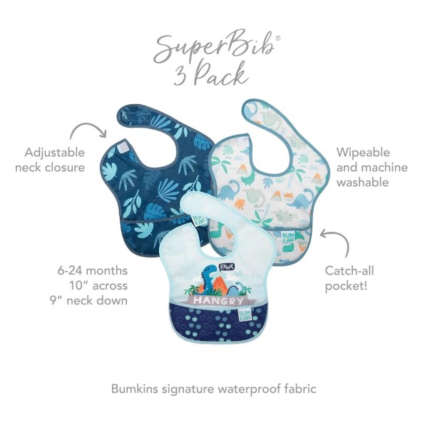 SuperBib® Baby-Lätzchen - 6-24 Monate (3er-Pack) - Hangry, Dinosaurs, Blue Tropic