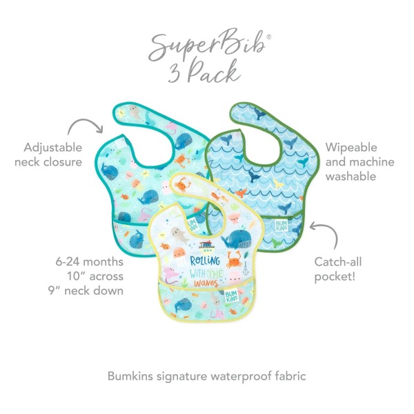 SuperBib® (3 pack) - Rolling With the Waves, Ocean Life, Whale Tail