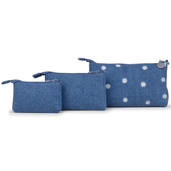 3-piece Pouch Set - Denim & Daisies