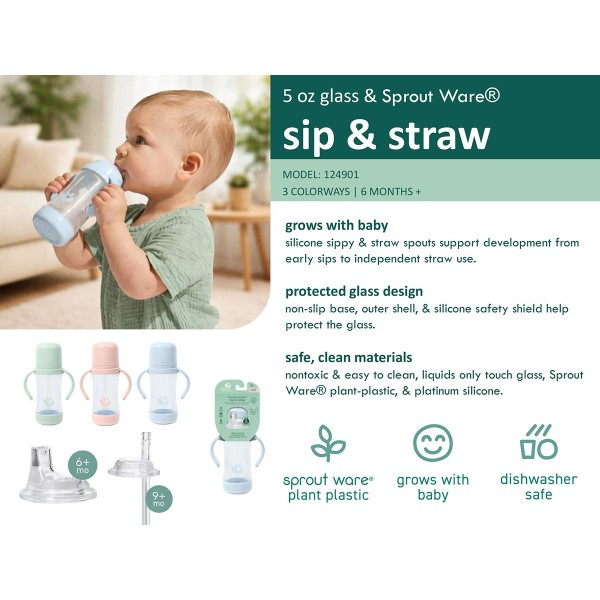 Trink- und Strohbecher aus Glas und Plant-Plastic Pflanzenkunststoff (147ml) - Hell Salbei