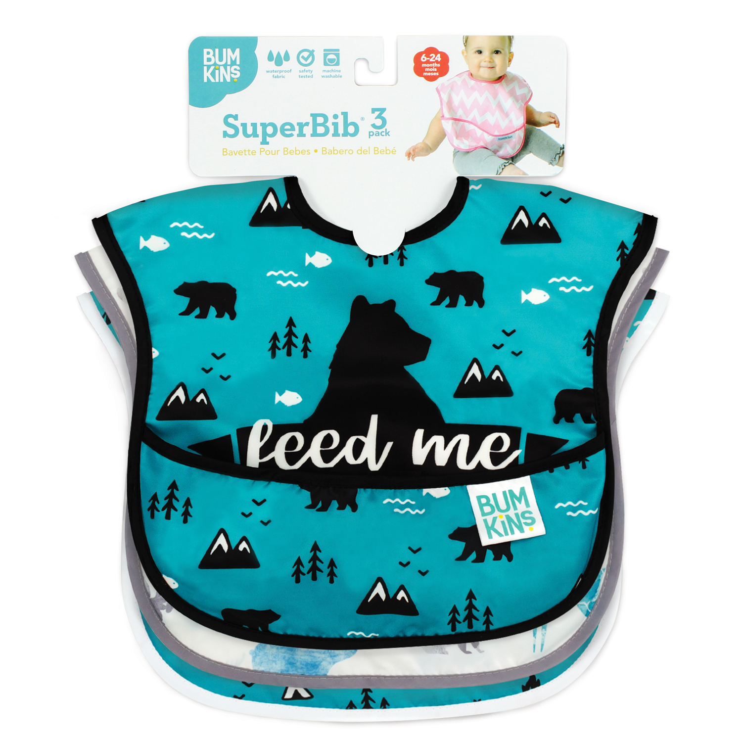 SuperBib® - 6-24 months (3 pack) - Feed Me Bear, Wildlife, Outdoors