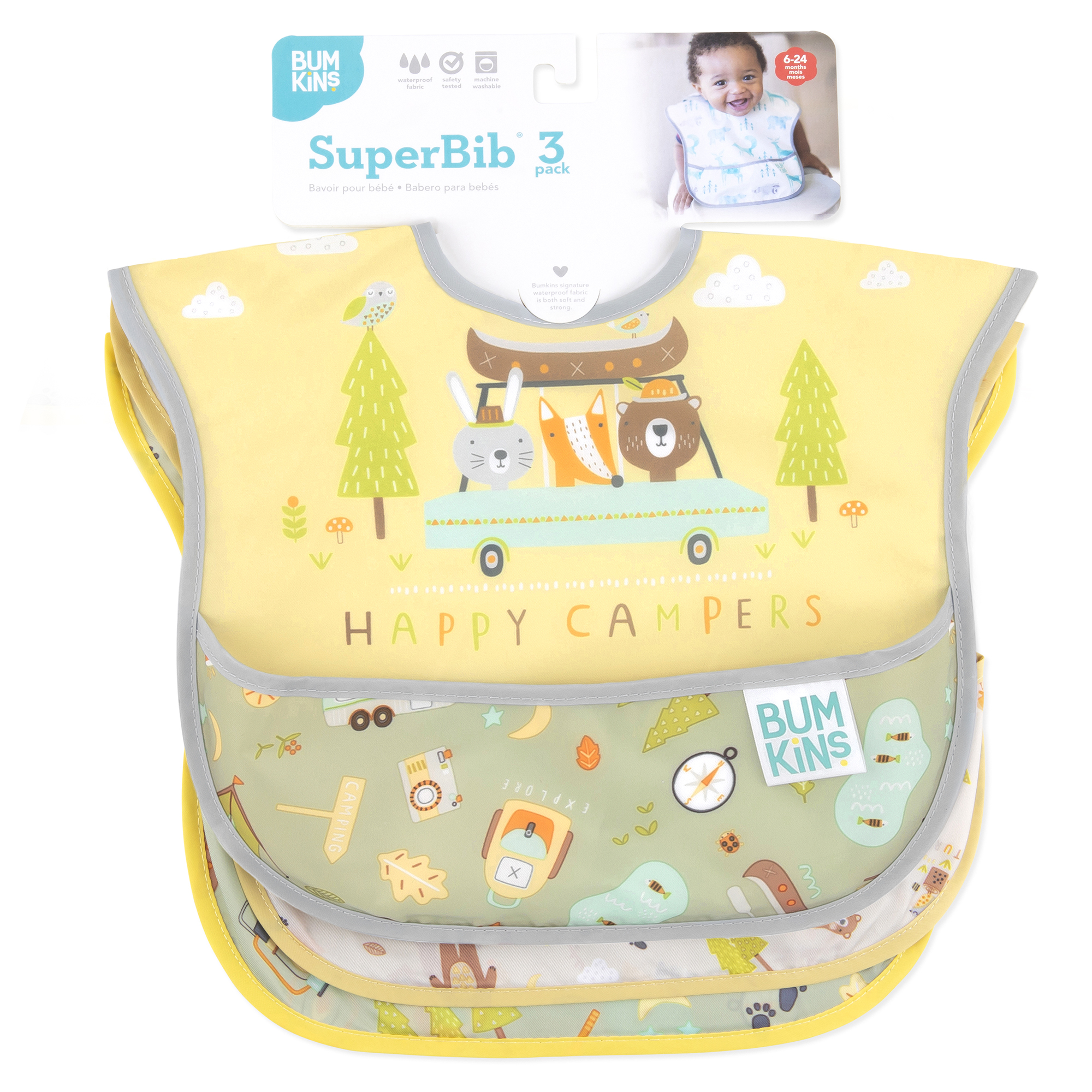 SuperBib® Babero para bebés (3 paquete) - Happy Campers, Camp Gear, Camp Friends
