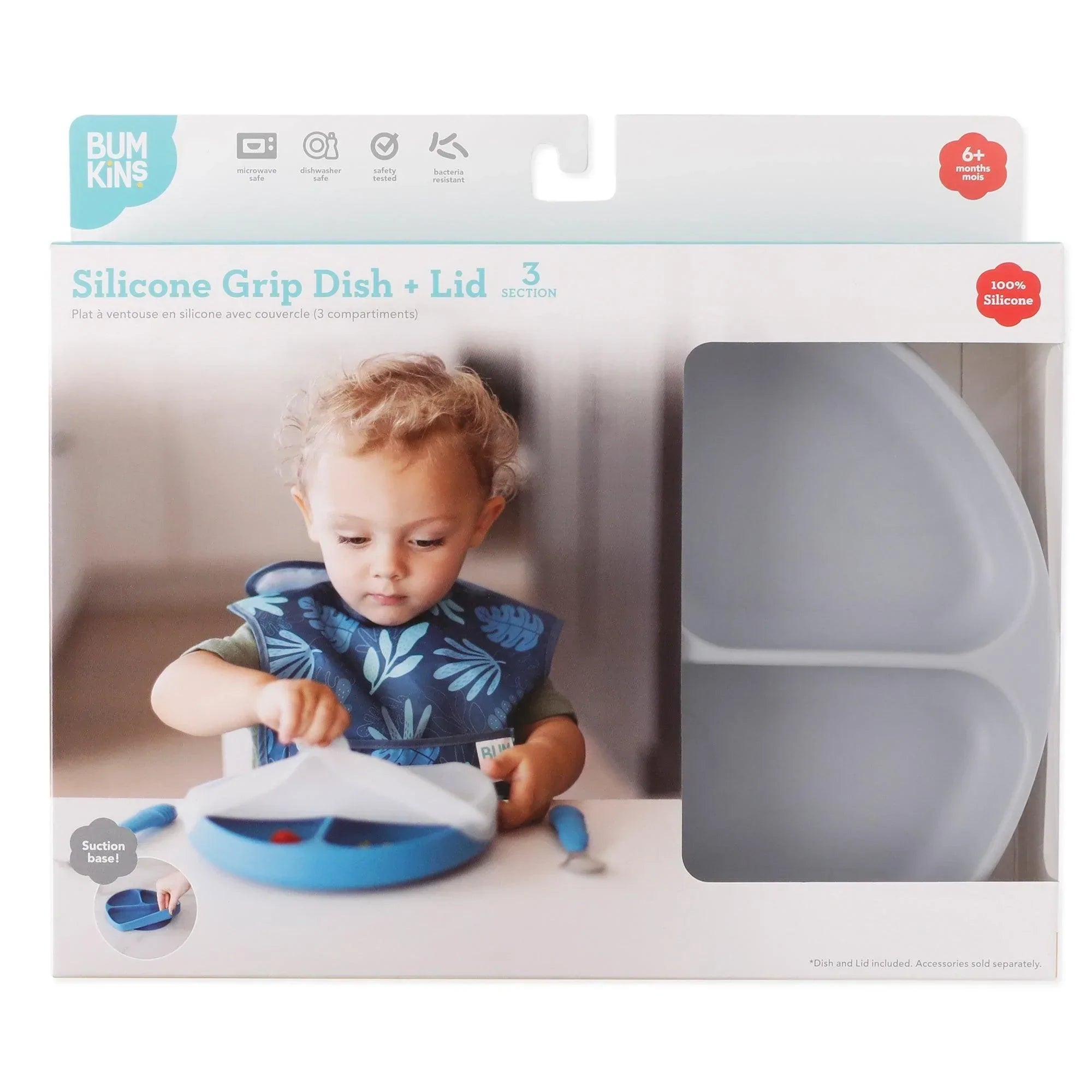 Silicone grip dish with lid (3 section) - Grey
